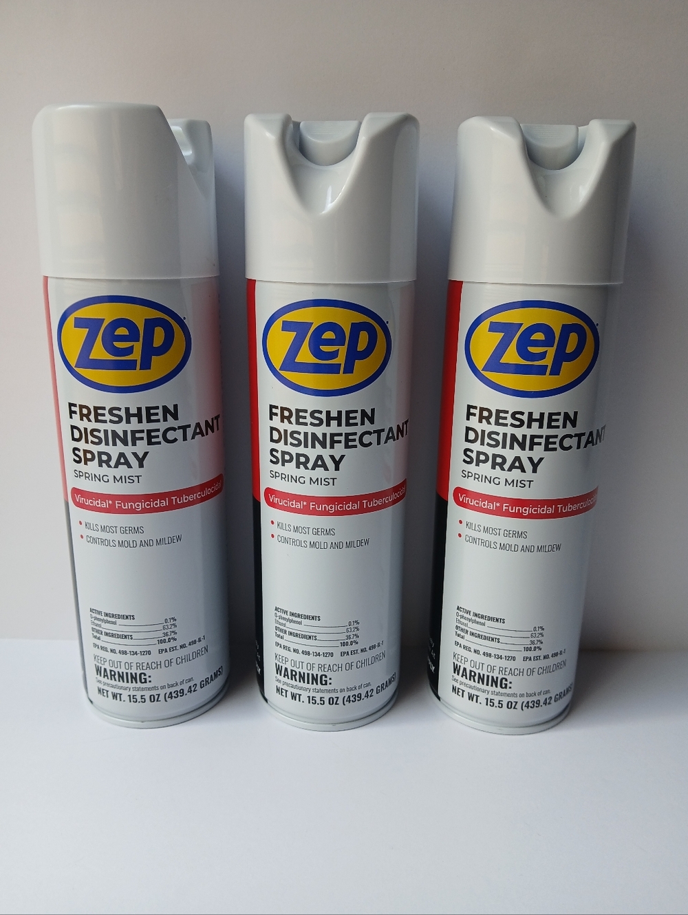 3 Cans ZEP Freshen Disinfectant Spray Spring Mist Kills Most Germs Controls Mold